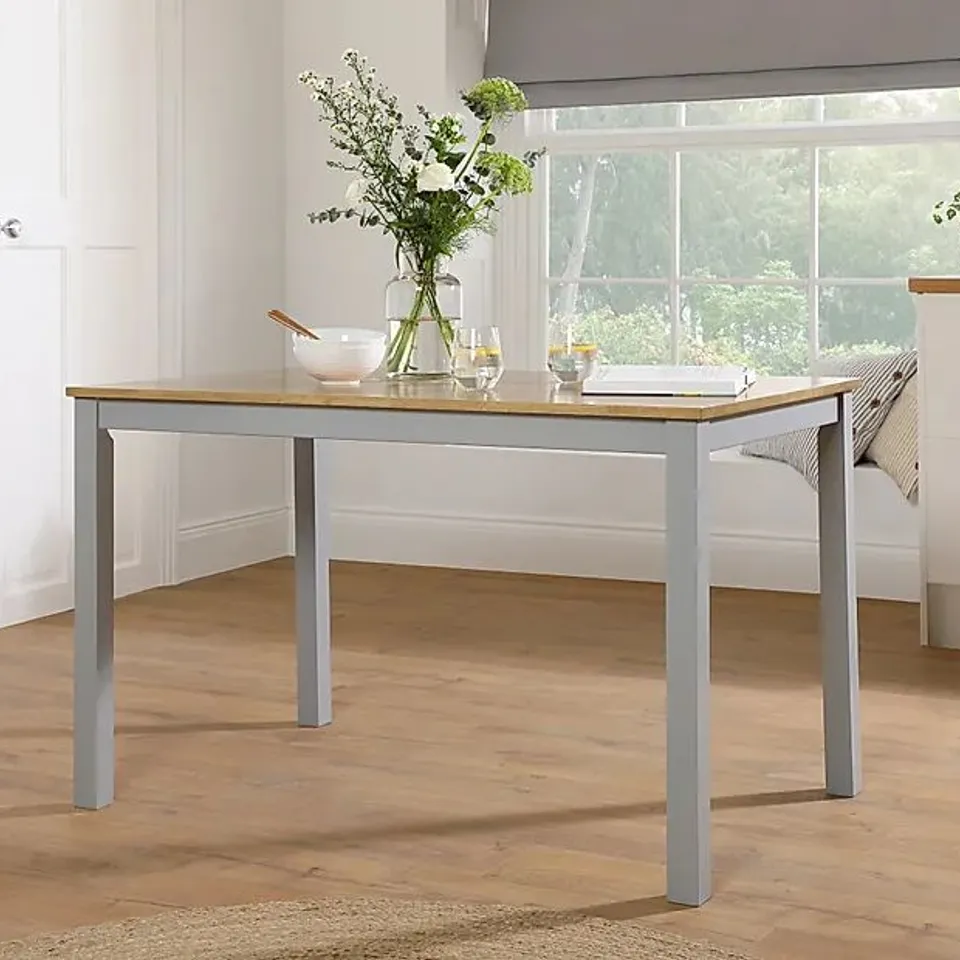 BOXED MILTON PAINTED GREY AND OAK 120CM DINING TABLE 