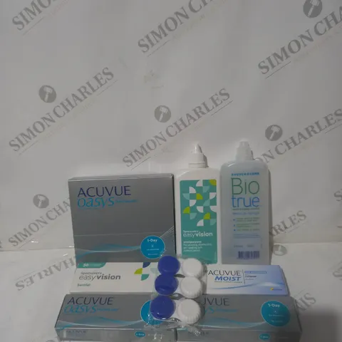 BOX OF APPROXIMATELY 30 ASSORTED CONTACT LENSES AND EYE TREATMENT TO INCLUDE ACUVUE, EASY VISION AND BIO TRUE