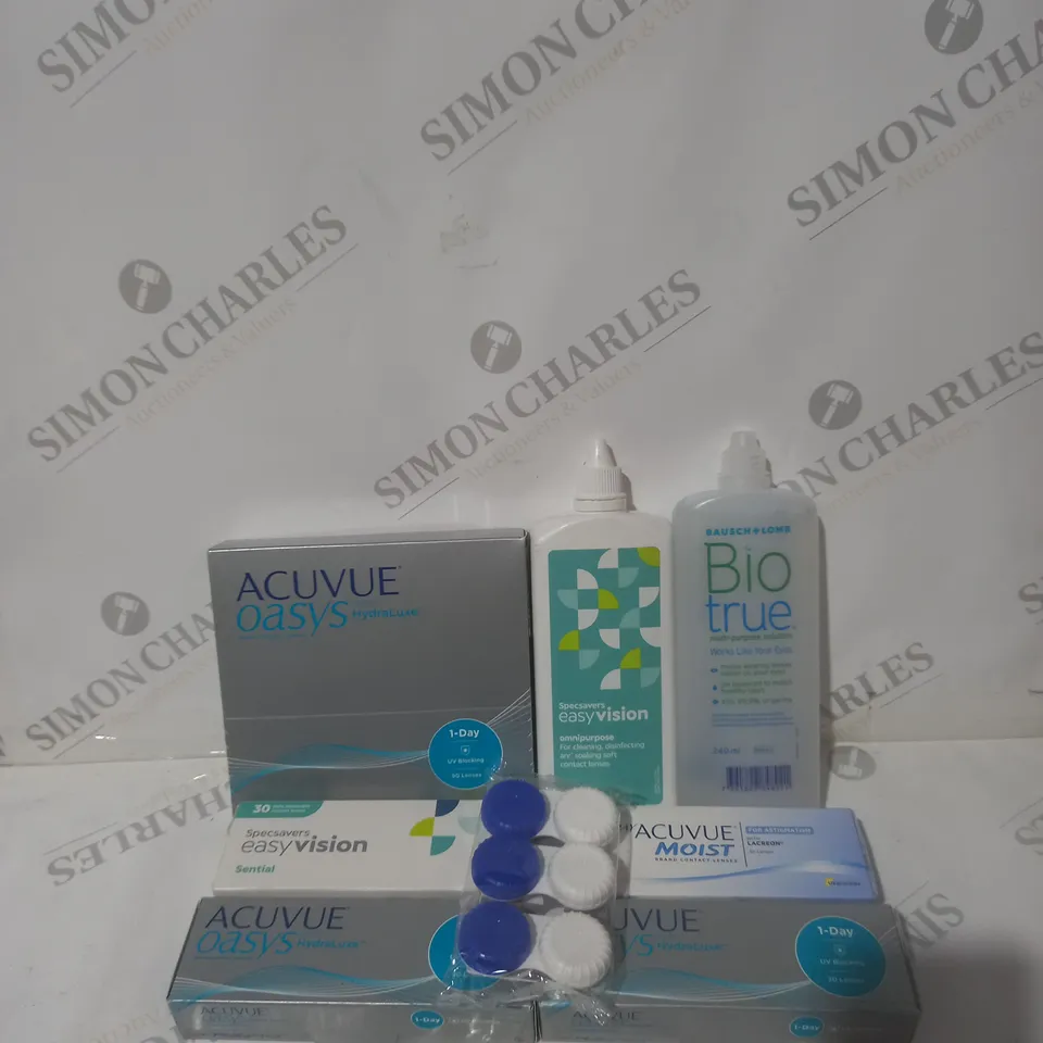 BOX OF APPROXIMATELY 30 ASSORTED CONTACT LENSES AND EYE TREATMENT TO INCLUDE ACUVUE, EASY VISION AND BIO TRUE 