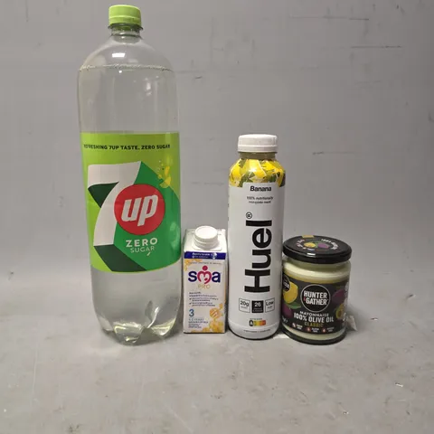APPROXIMATELY 7 ASSORTED FOOD AND DRINK PRODUCTS TO INCLUDE - 7UP , HUEL BANANA , SMA PRO ETC