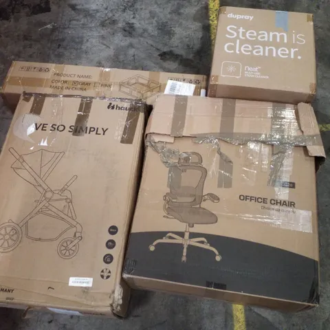 PALLET CONTAINING ASSORTED PRODUCTS INCLUDING OFFICE CHAIR, STROLLER, MULTI-USE STEAM CLEANER & PLAYPEN