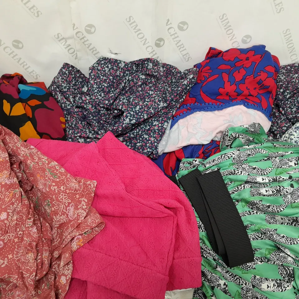 LARGE BOX OF ASSORTED CLOTHING ITEMS TOO INCLUDE TOPS , TROUSERS AND JUMPERS COMING IN DIFFERENT COLOURS AND SIZES 