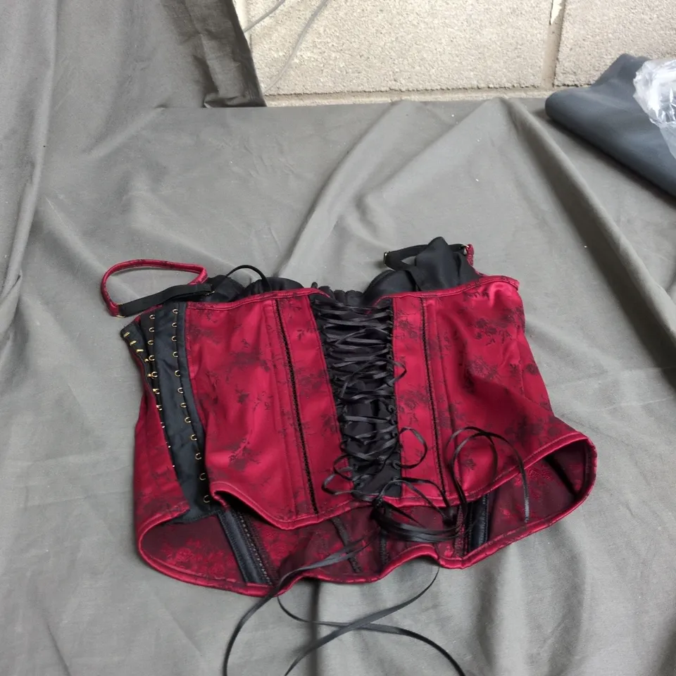 RED SATIN CORSET WITH BLACK LACE OVERLAY, LACE-UP BACK