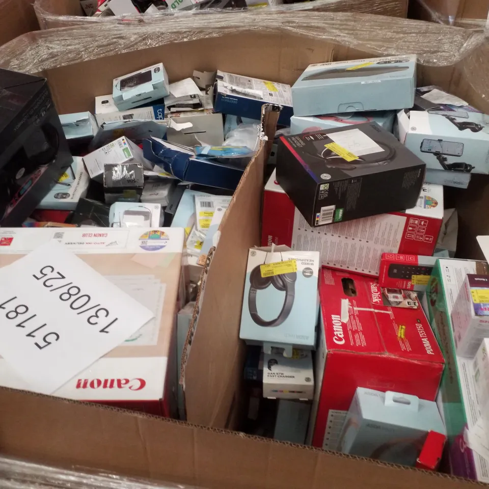 PALLET CONTAINING ASSORTED ELECTRICAL RETURNS INCLUDING CANON PIXMA TS3350, UNIVERSAL TV WALL MOUNT, BIG BUTTON LANDLINE, HDMI DVD PLAYER WITH REMOTE, WIRELESS HEADPHONES & LONG ARM PHONE HOLDER