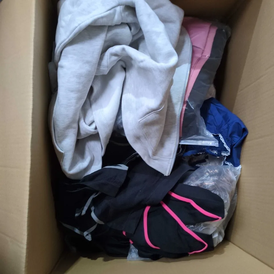 BOX OF APPROXIMATELY 20 ASSORTED CLOTHING ITEMS INCLUDING PADDED COAT , SWEET KNICKERS AND WIDE LEGGED JEANS