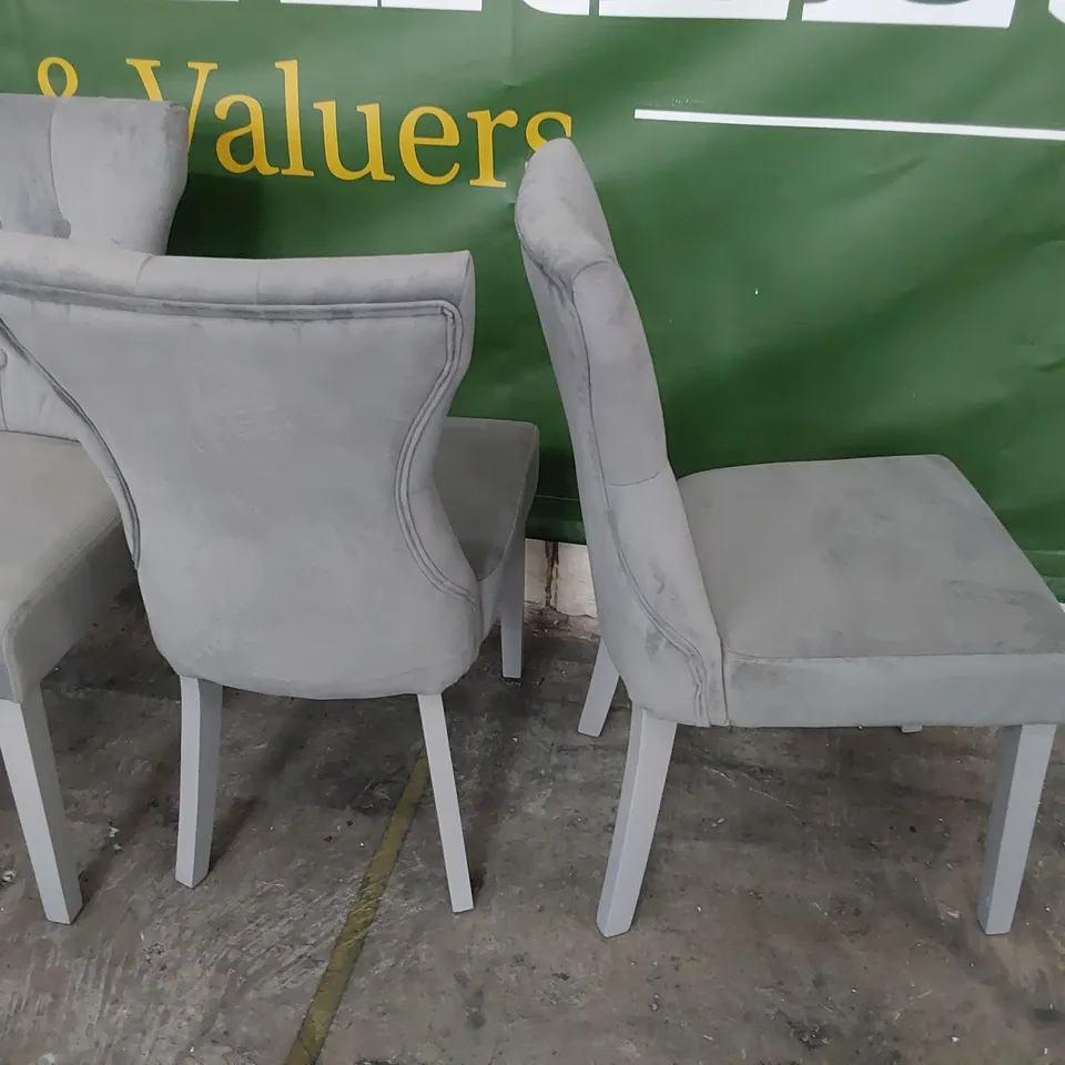 SET OF FOUR UPHOLSTERED BUTTONED BACK DINING CHAIRS GREY PLUSH FABRIC ON GREY PAINTED LEGS 