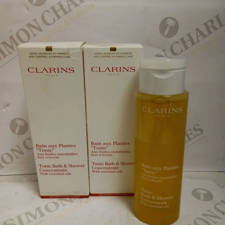 LOT OF 2 X 200ML CLARINS TONIC BATH AND SHOWER CONCENTRATE WITH ESSENTIAL OILS