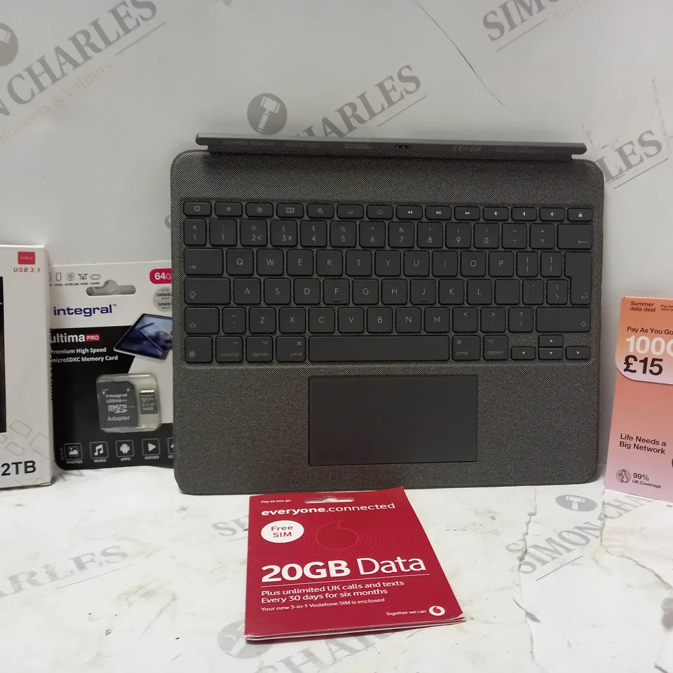 BOX OF APPROXIMATELY 20 ASSORTED ITEMS TO INCLUDE - 3 100GB PAY AS YOU GO - M.2 PORTABLE SSD - INTEGRAL ULTIMA PRO ECT