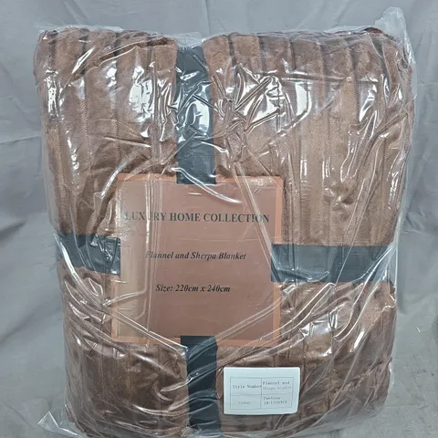 LUXURY HOME COLLECTION FLANNEL & SHERPA BLANKET, 220 CM X 240 CM, BROWN