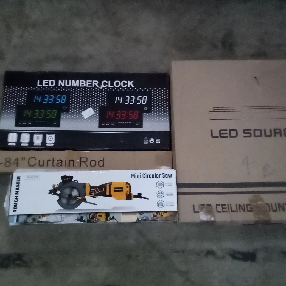 PALLET OF ASSORTED ITEMS INCLUDING LED NUMBER CLOCK, LED CEILING MOUNTED LIGHT, MINI CIRCULAR SAW, CURTAIN ROD, OFFICE CHAIR
