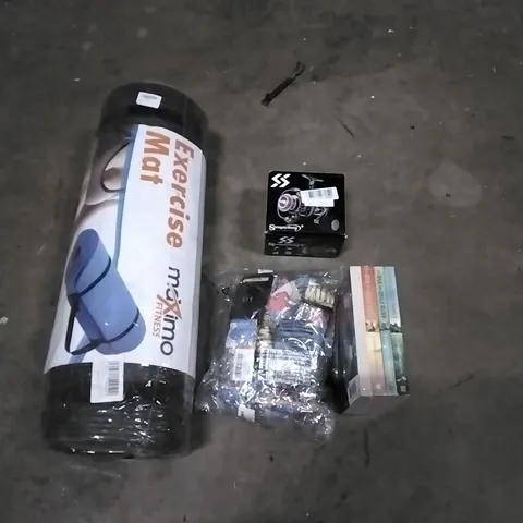 PALLET OF HOUSEHOLD ITEMS TO INCLUDE KATHERINE APPLEGATE BOOKS, EXCERISE MAT, FISHING REEL,  LUGGAGE STRAPS AND OTHER ASSORTED ITEMS...