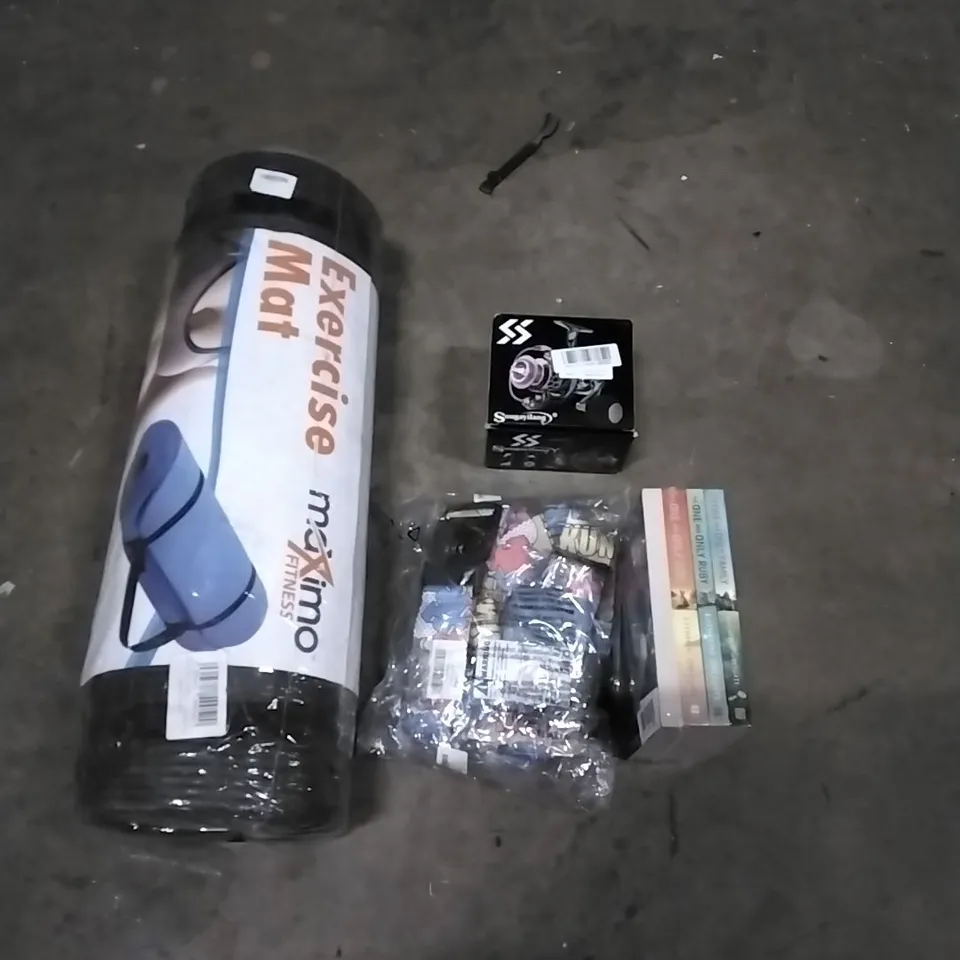 PALLET OF HOUSEHOLD ITEMS TO INCLUDE KATHERINE APPLEGATE BOOKS, EXCERISE MAT, FISHING REEL,  LUGGAGE STRAPS AND OTHER ASSORTED ITEMS...