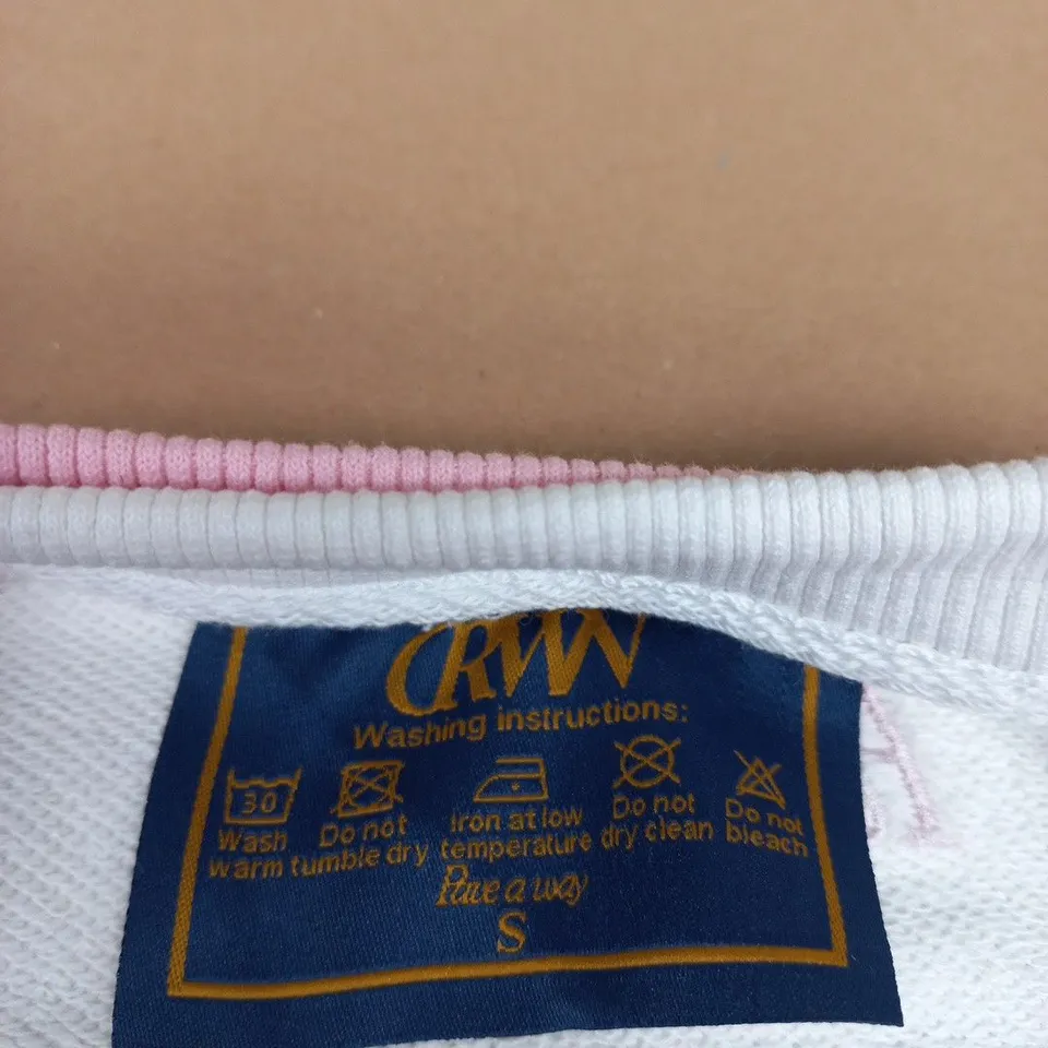CRWN RAGLAN SWEATSHIRT – PINK SLEEVES, WHITE BODY WITH DISTRESSED 92 PRINT – UK SIZE S