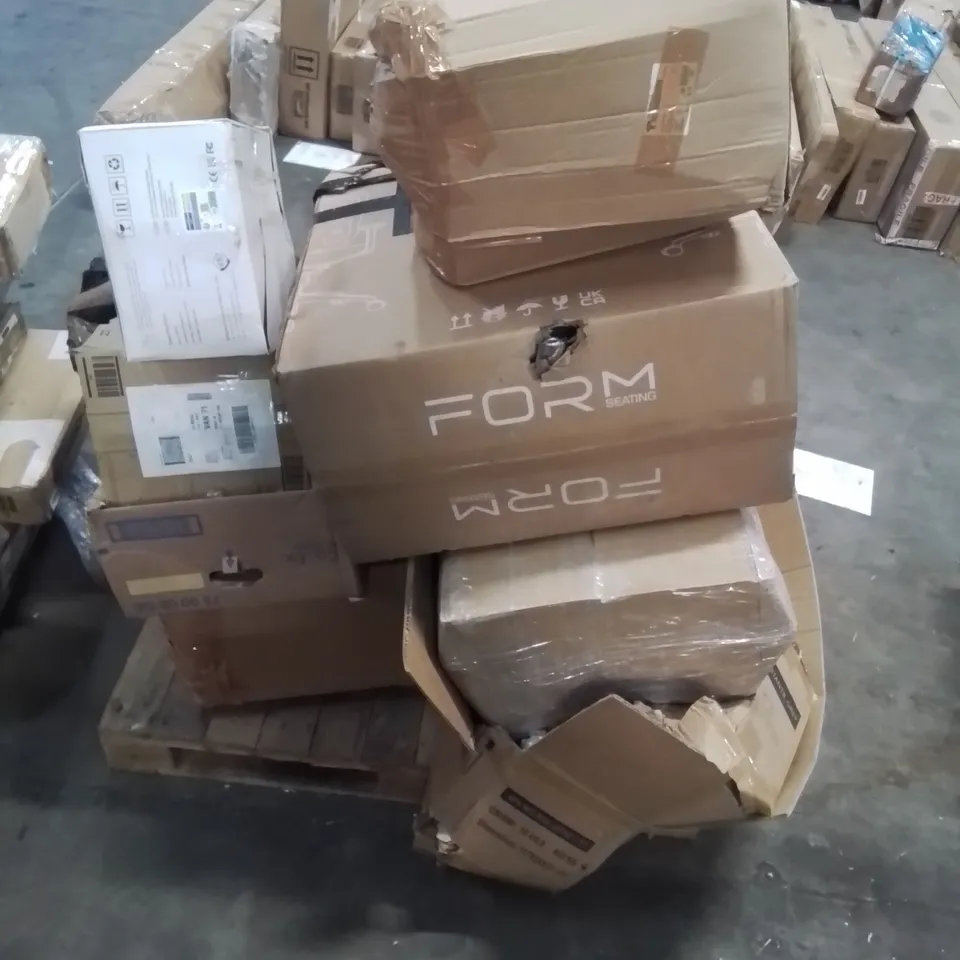 PALLET CONTAINING VARIOUS INCOMPLETE BOXED FURNITURE PARTS AND OTHER HOUSEHOLD ITEMS ETC.