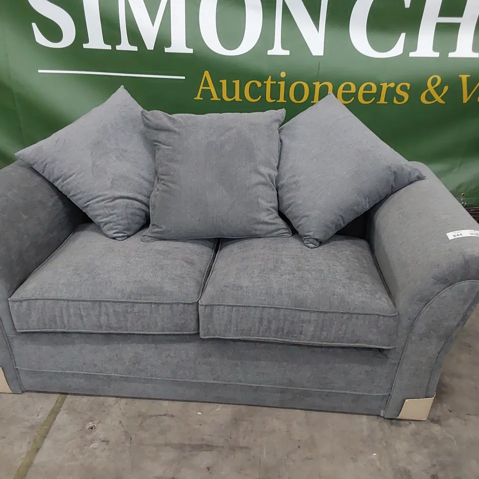 DESIGNER TWO SEATER SOFA GREY FABRIC WITH SCATTER CUSHIONS 