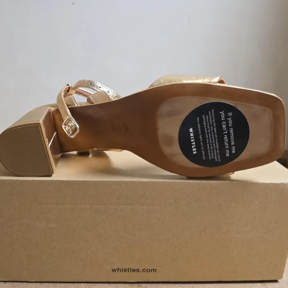 BOXED PAIR OF WHISTLES EDEN BLOCK HEEL SANDAL – GOLD, UK SIZE 8