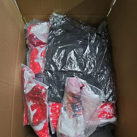 LARGE BOX OF ASSORTED CLOTHING ITEMS IN VARIOUS SIZES, STYLES AND COLOUR 