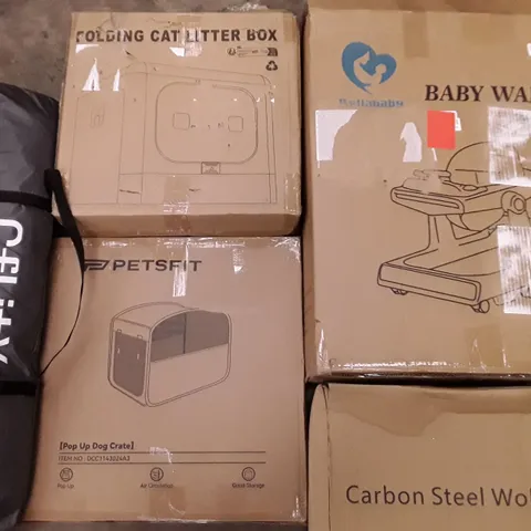 PALLET OF ASSORTED HOUSEHOLD ITEMS TO INCLUDE POP UP DOG CRATE, BABY WALKER AND CAMPING TENT