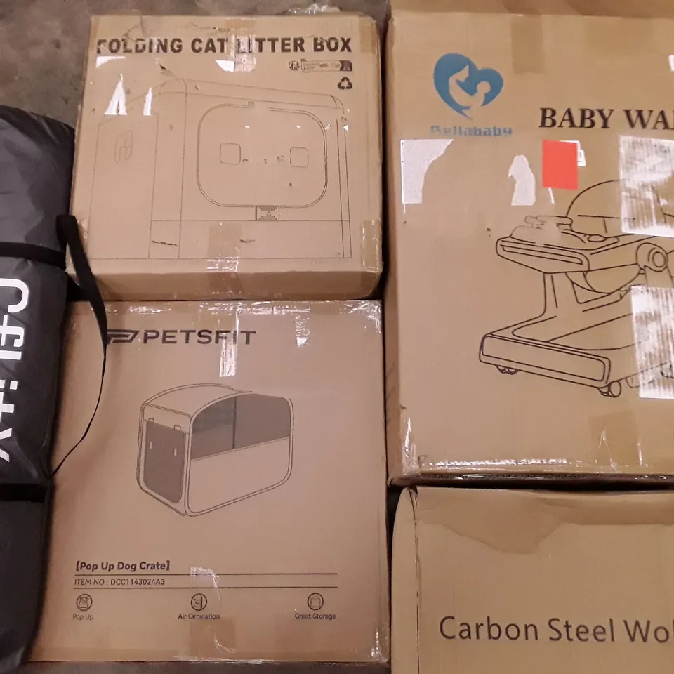PALLET OF ASSORTED HOUSEHOLD ITEMS TO INCLUDE POP UP DOG CRATE, BABY WALKER AND CAMPING TENT