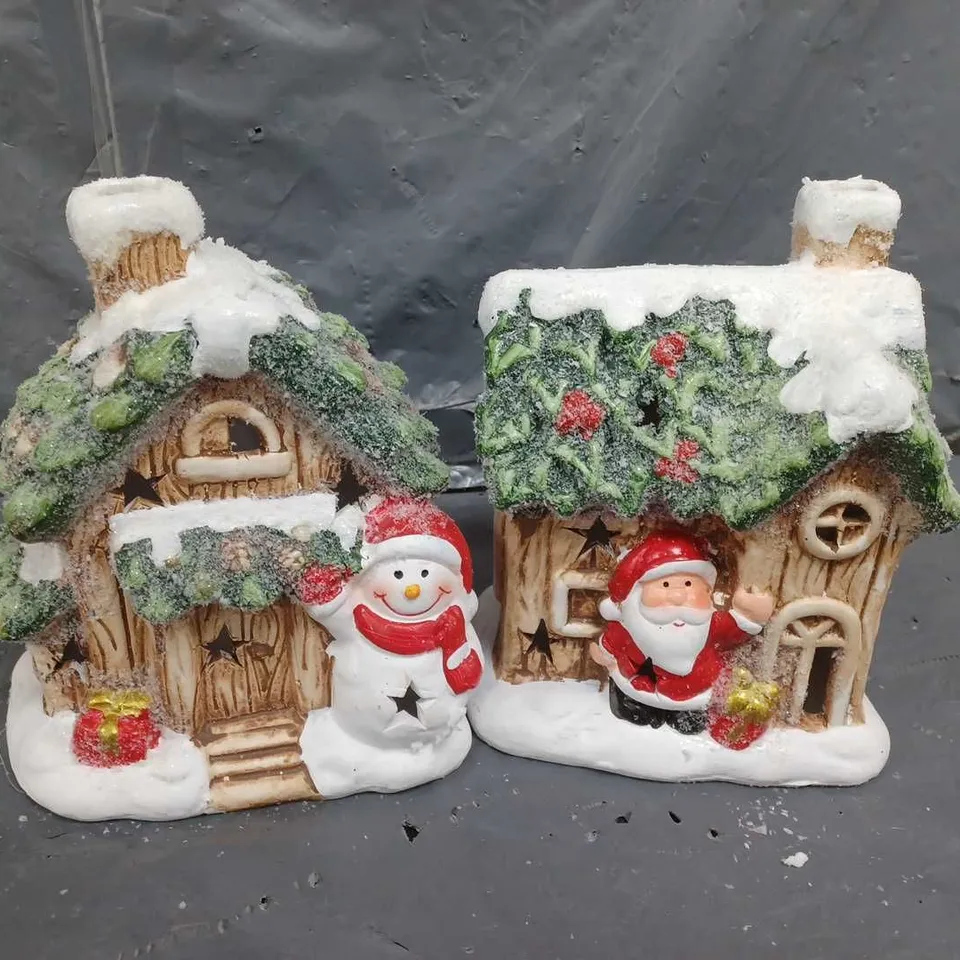 FESTIVE SET OF 2 LIT CERAMIC SANTA/SNOWMAN HOUSE CHRISTMAS DECORATIONS 