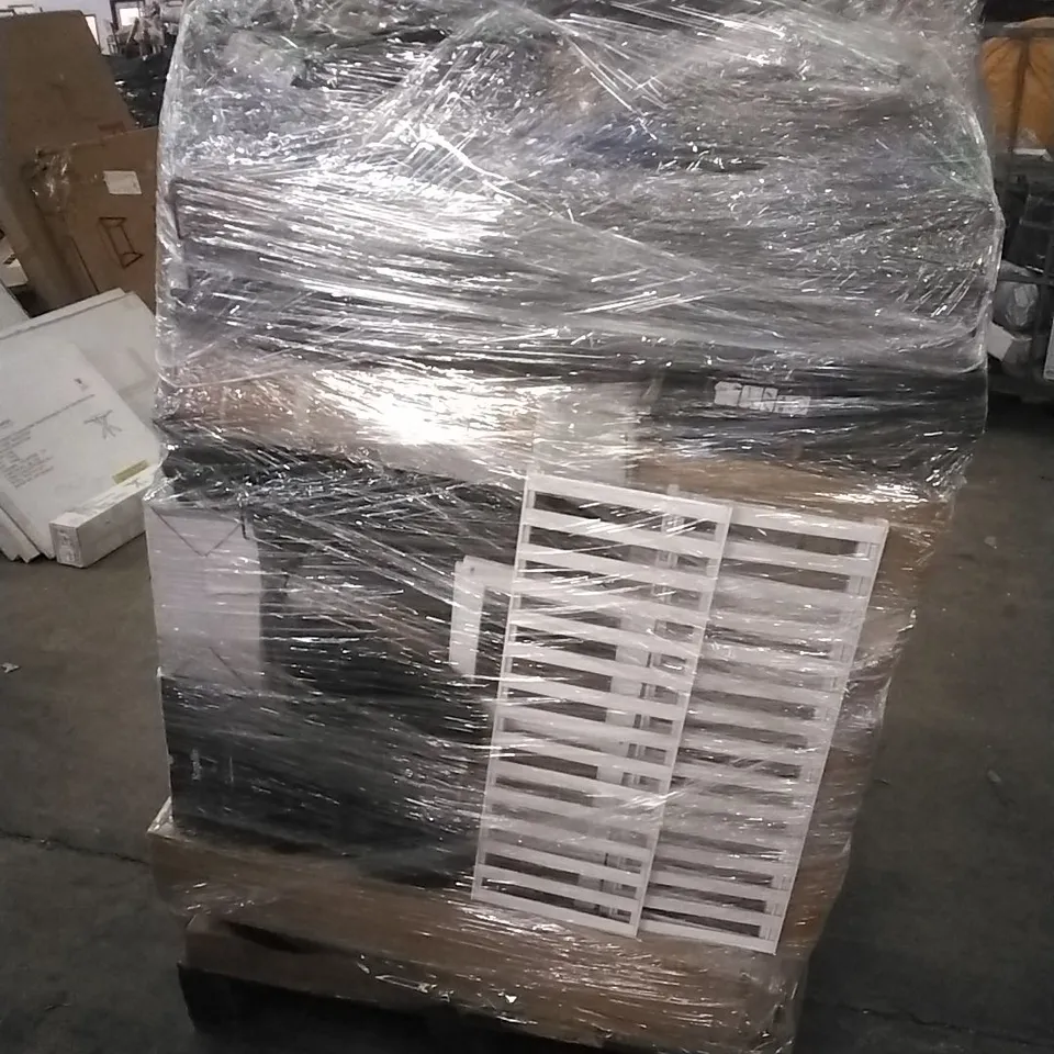 PALLET CONTAINING A LARGE QUANTITY OF ASSORTED HOUSEHOLD GOODS WHICH INCLUDE; HOOVERS, CUSHIONED GRAVITY CHAIR, PARASOL BASE, SUITCASES ETC