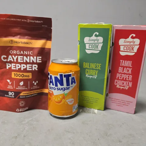 APPROXIMATELY 12 ASSORTED FOOD & DRINK ITEMS TO INCLUDE - FANTA ZERO SUGAR , CAYENNE PEPPER , SIMPLY COOK TAMIL BLACK PEPPER CHICKEN ETC