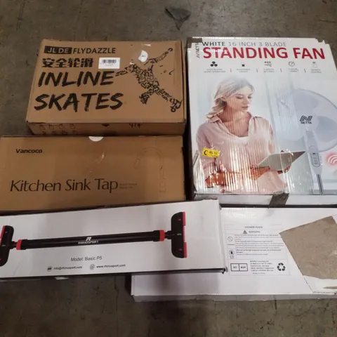 PALLET CONTAINING ASSORTED PRODUCTS INCLUDING PULL UP BAR, SHOWER MIXER, KITCHEN SINK TAP, INLINE SKATES & NETTA STANDING FAN 