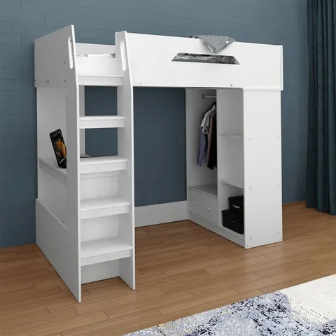 BOXED ISENBERG SINGLE (3') YOUTH BEDS HIGH SLEEPER LOFT BED WITH BOOKCASE - WHITE (5 BOXES)