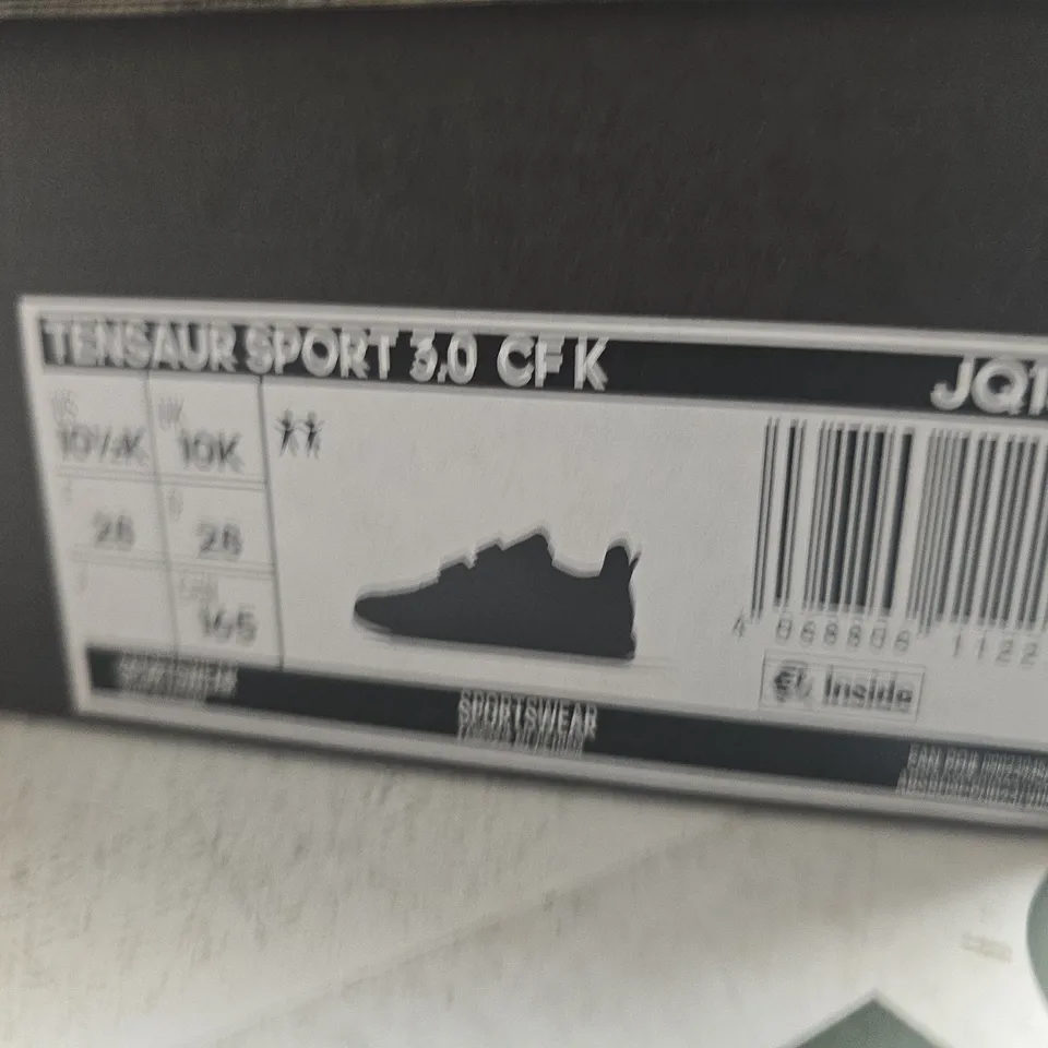 BOXED PAIR OF ADIDAS KIDS BLACK VELCRO TRAINERS- UK SIZE 10K