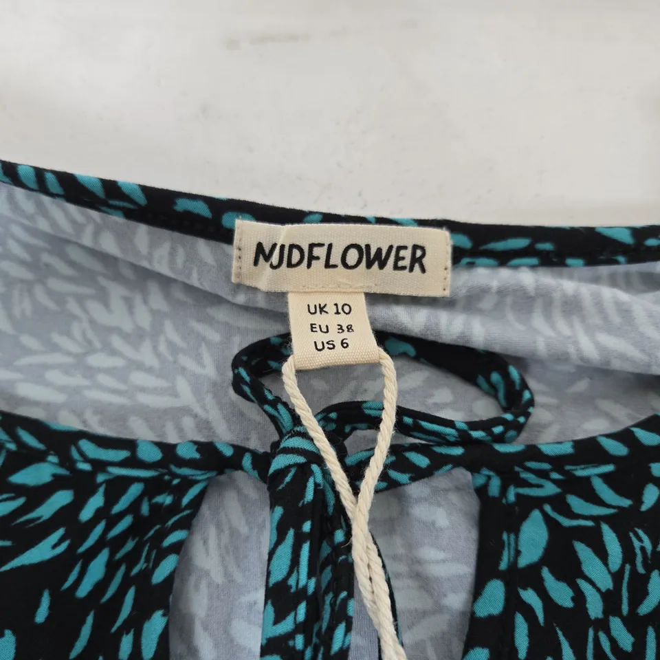 MUDDFLOWER WOMEN’S TOP – TEAL/BLACK LEAF PATTERN, LONG SLEEVES, TIE-NECK, UK 10 (EU 38, US 6)