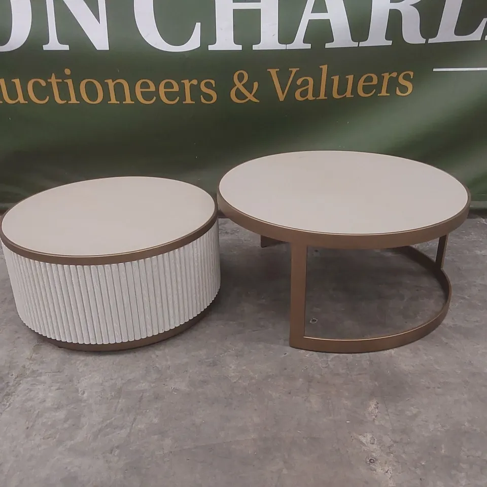 SERENITY IVORY AND BRASS REEDED SET OF 2 COFFEE TABLES