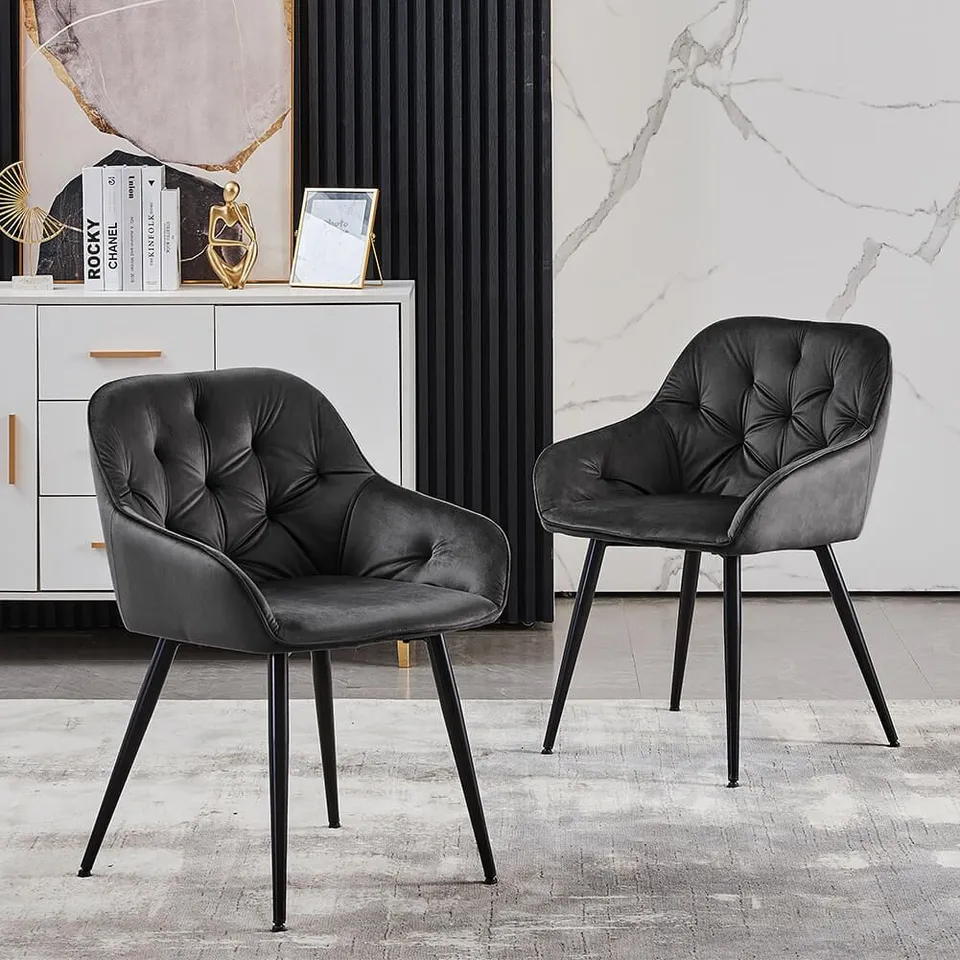 BOXED GARVIES GREY VELVET DINING CHAIRS [SET OF 2]
