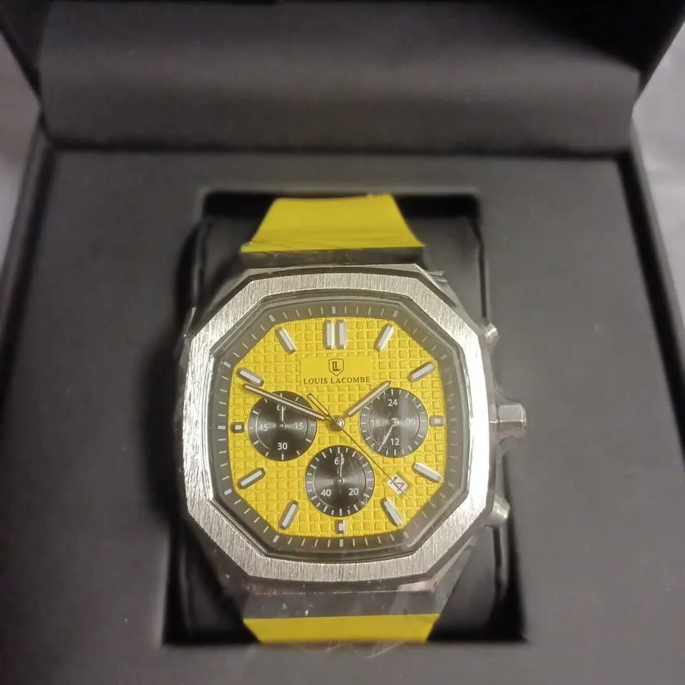 BOXED LOUIS LACOMBE CHRONOGRAPH WATCH WITH YELLOW DIAL & STRAP