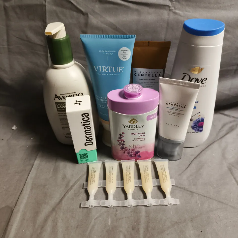 APPROXIMATEY 20 ASSORTED HEALTH AND BEAUTY PRODUCTS TO INCLUDE - DERMATICA AZELAIC ACID 12% CREAM - OLAPLEX PRO SCALP TREATMENT - AVEENO BODY LOTION - ETC