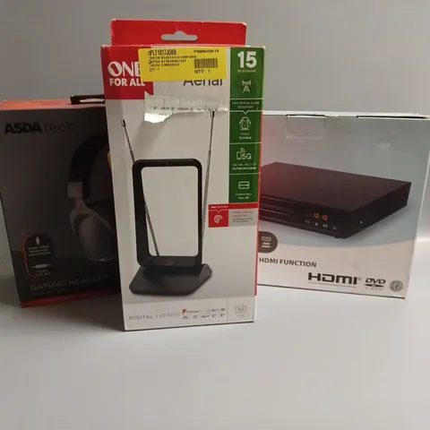 APPROXIMATELY 20 ASSORTED TECH PRODUCTS TO INCLUDE GAMING HEADSET, HDTV INDOOR AERIAL, DVD PLAYER