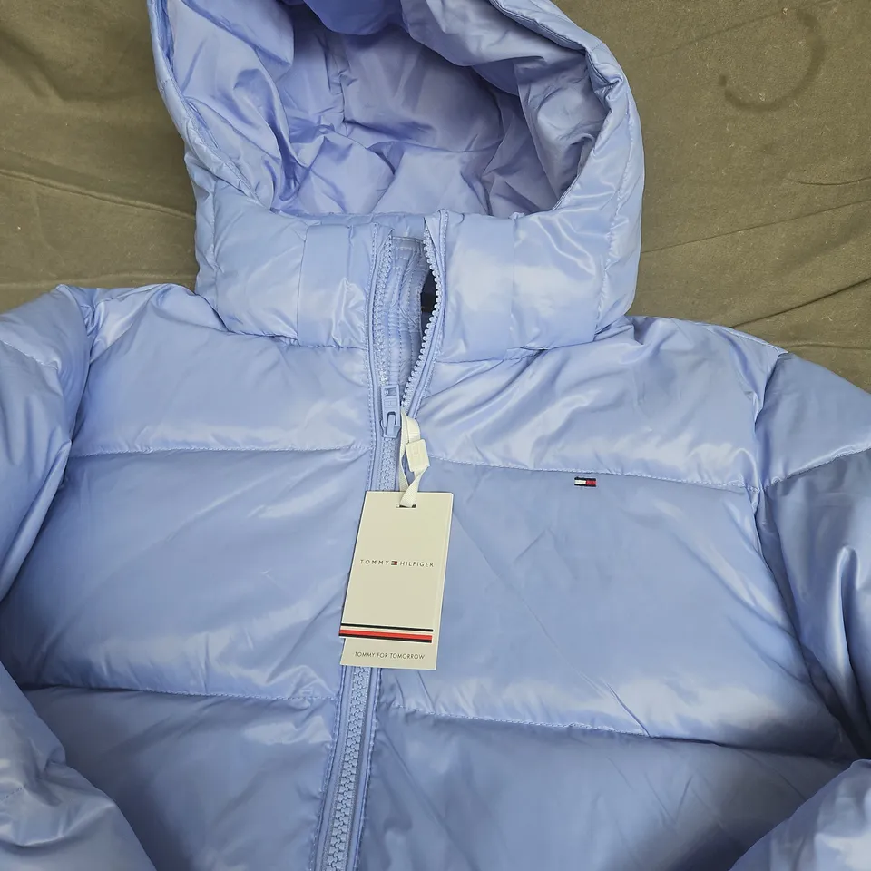 TOMMY HILFIGER ESSENTIAL DOWN JACKET – VINTAGE IRIS, HOODED PUFFER, SIZE 16 (UK)