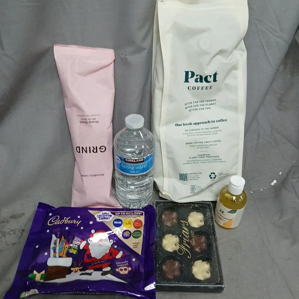 APPROXIMATELY 10 ASSORTED FOOD ITEMS TO INCLUDE PACT COFFEE DECAF HOUSE BLEND, GRIND HOUSE BLEND, CADBURY CHOCOLATE, ETC