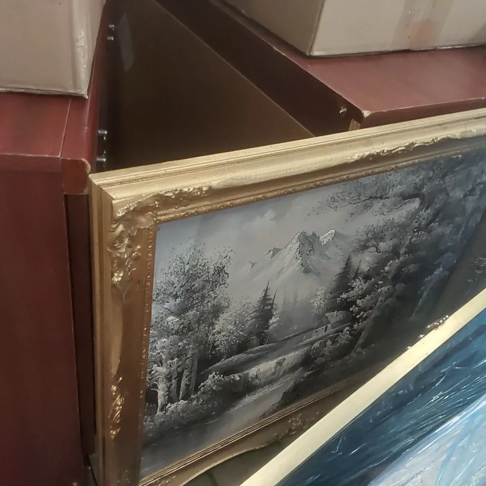 PALLET CONTAINING A VERY LARGE QUANTITY OF ASSORTED ITEMS INCLUDING: PAINTINGS, CABINETS, ASSORTED DVDS ECT