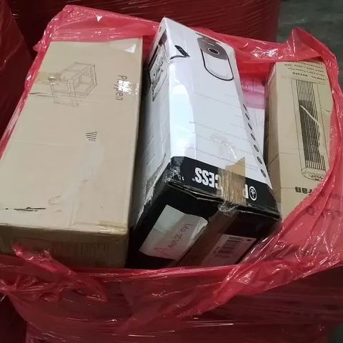 PALLET CONTAINING VARIOUS ASSORTED BOXED HOUSEHOLD ITEMS TO INCLUDE: PLAYPEN, TOWER FAN, AND LOTS MORE UNMARKED BOXED ITEMS