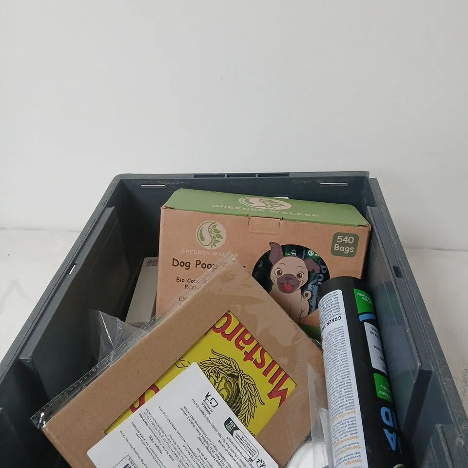 APPROXIMATELY 10 ASSORTED HOUSEHOLD ITEMS INCLUDING DOG POOP BAGS AND AQUA BOND