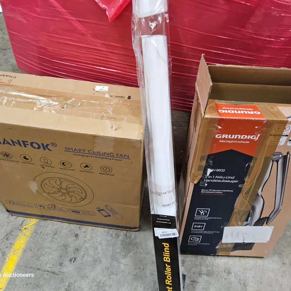 PALLET OF ASSORTED ITEMS TO INCLUDE, SMART CEILING FAN, ROLLER BLIND, 0LAYPEN, COFFEE MACHINE, CHARCOAL SMOKER GRILL, PET BED.