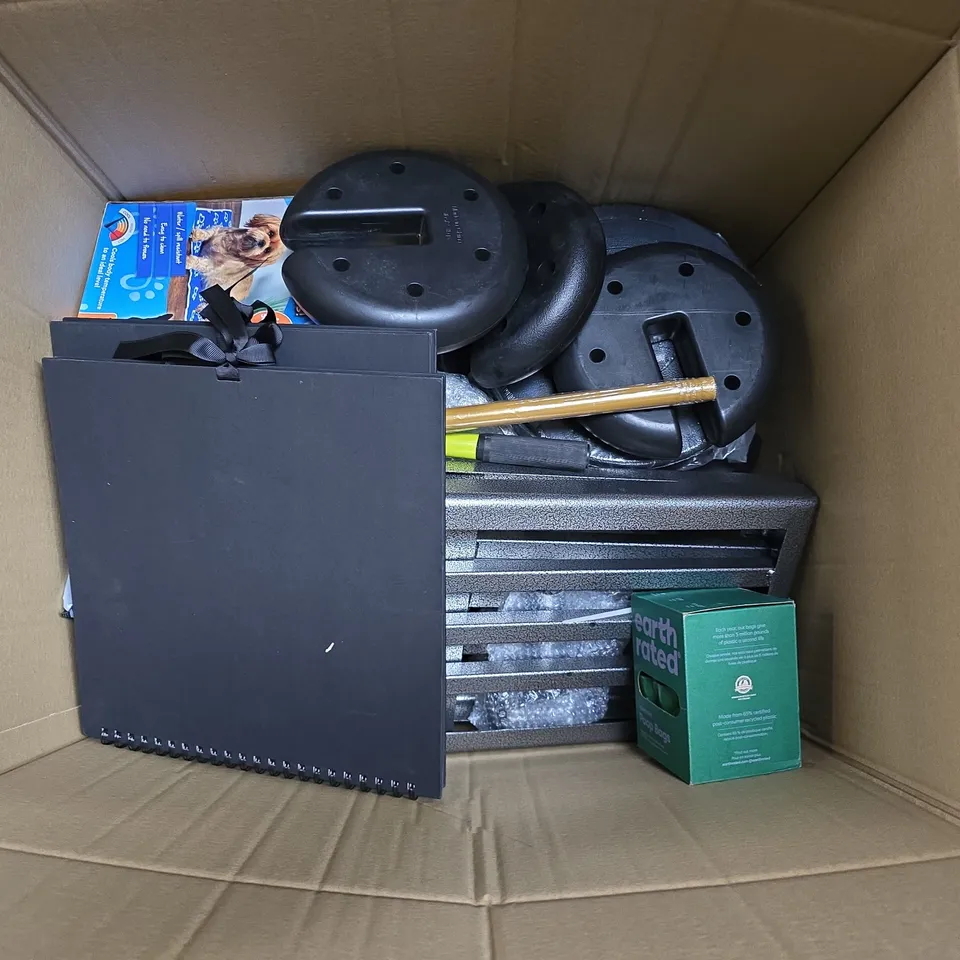 LARGE BOX OF ASSORTED HOUSE ITEMS TO INCLUDED BOOKS - POO BAGS - DOG COOL MATT - COLLECTION ONLY 