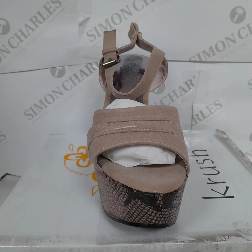 BOXED PAIR OF KRUSH OPEN TOE STRAP PLATFORM SHOES IN MINK - SIZE 7
