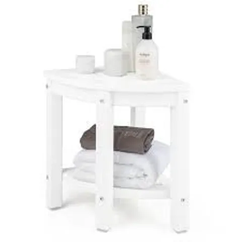 BOXED WATERPROOF CORNER SHOWER BENCH STOOL WITH STORAGE SHELF FOR SHAVING LEGS - WHITE