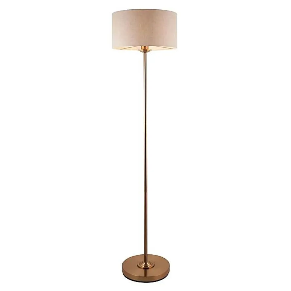 BOXED LUMINOSA HIGHCLERE FLOOR LAMP WITH SHADE VINTAGE BRASS, NATURAL LINEN, 1X E27