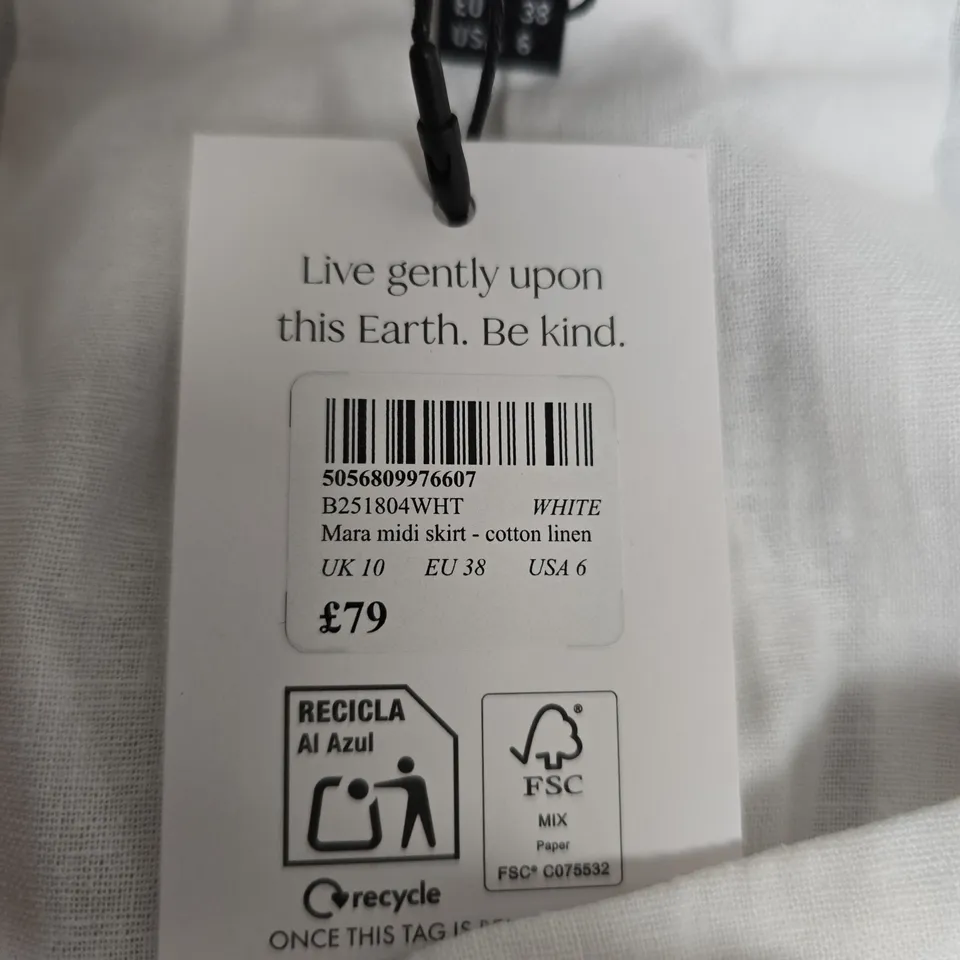 NOBODY'S CHILD MARA MIDI SKIRT – WHITE COTTON LINEN, UK 10 (EU 38, US 6)