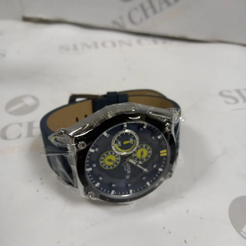 MEN’S LATOR CALIBRE L9180 CHRONOGRAPH WATCH – 42 MM CASE – BLUE DIAL WITH YELLOW DETAILING – BLUE LEATHER STRAP – CHRONOGRAPH MOVEMENT WITH DATE FUNCTION