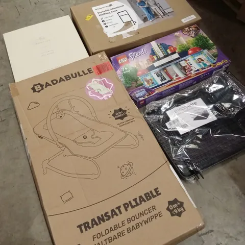 PALLET OF ASSORTED HOUSEHOLD GOODS & PRODUCTS TO INCLUDE; LEGO, SKIRT HANGER, WALKING CANE, OFFICE CHAIR, BABY BOUNCER ETC