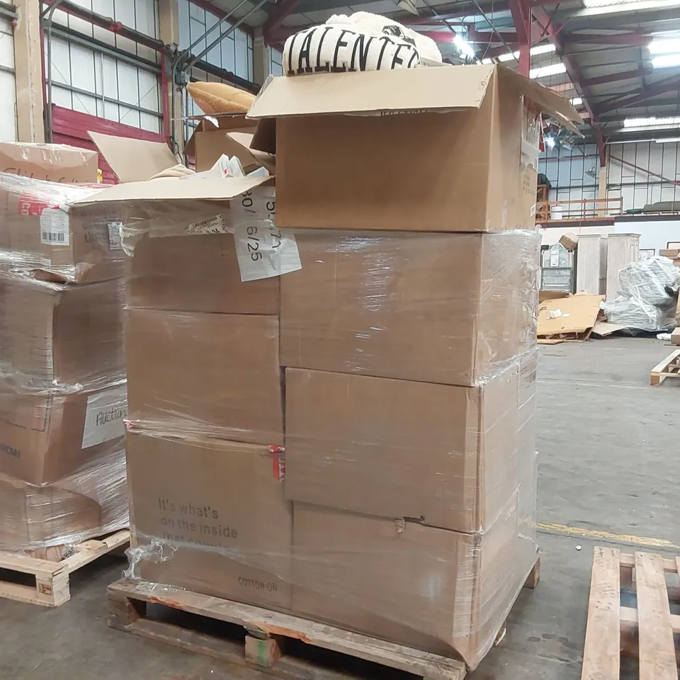 PALLET CONTAINING A WIDE RANGE OF BRAND NEW PRODUCTS TO INCLUDE ITEMS SUCH AS: CLOTHES, SCENTED CANDLES, PILLOWS, GREETING CARDS, WATER BOTTLES ECT