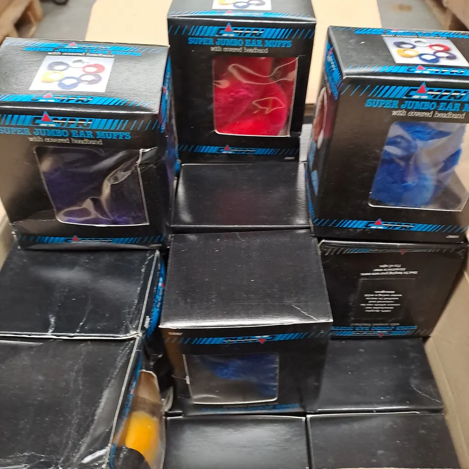 BOXED LOT OF APPROX. 24 PAIRS OF JUMBO EAR MUFFS. VARIOUS COLOURS